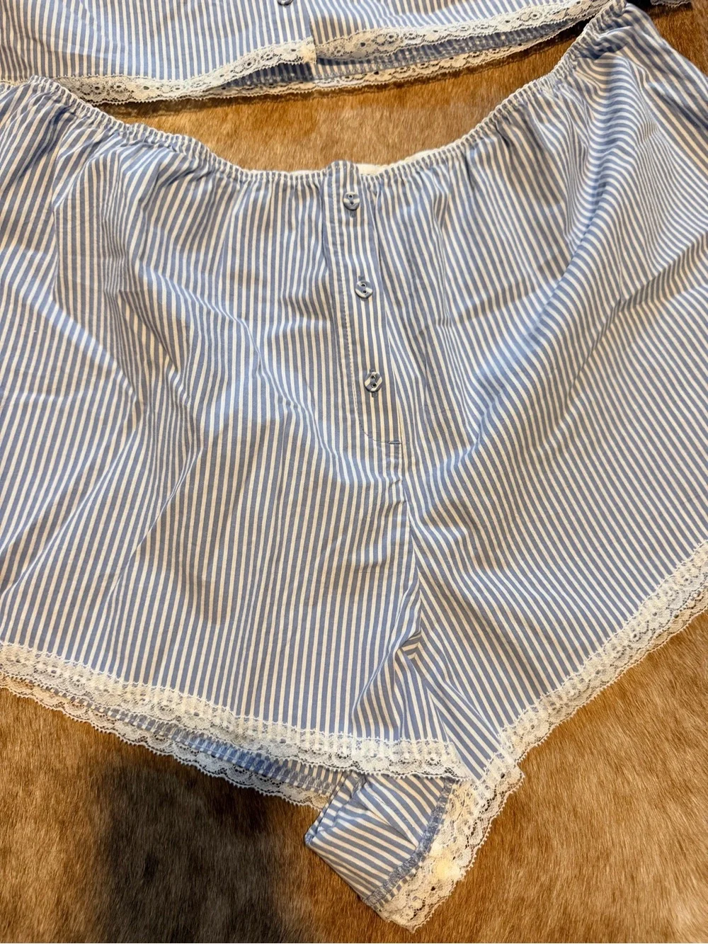 SKIMS Blue and White Pinstripe Lace-Trim Camisole & Shorts Set